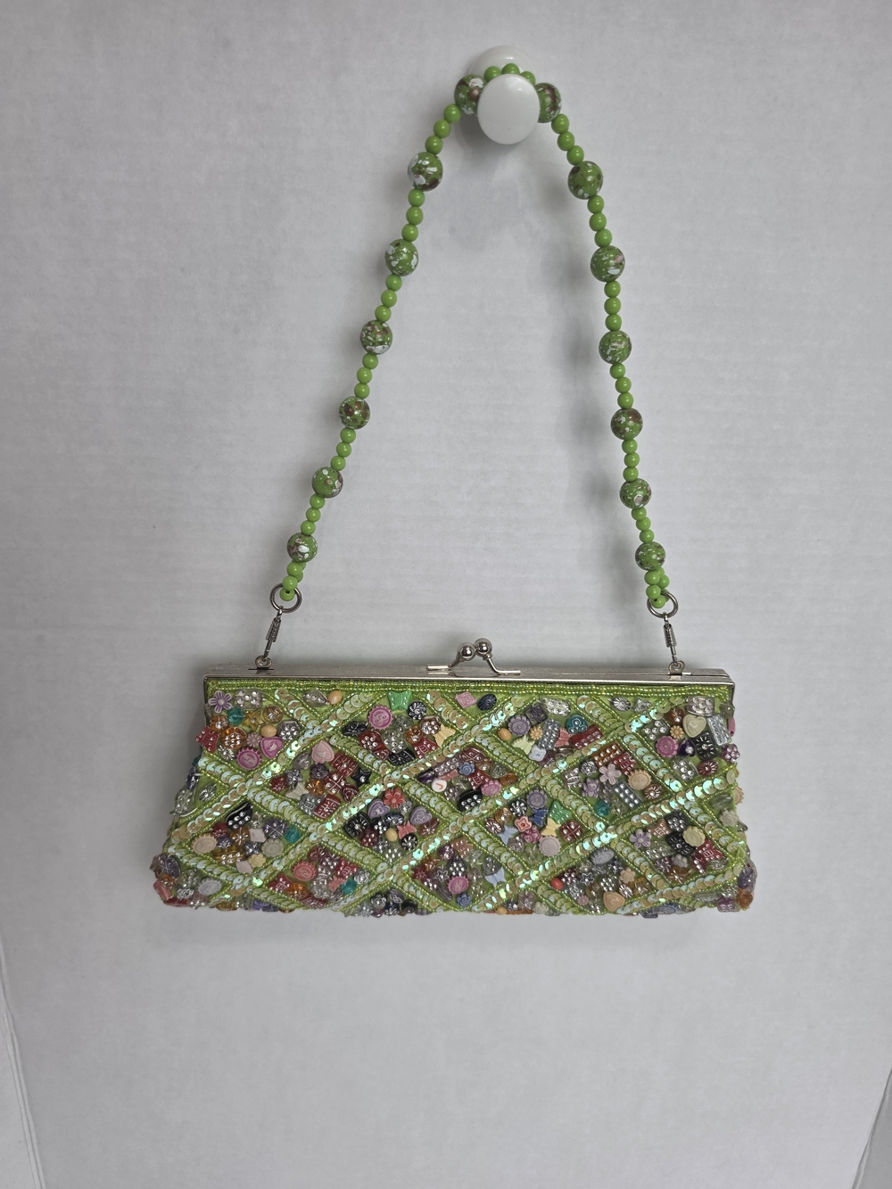 La Viola Beaded Green Evening Clutch with Multicolor Vintage Embellishments